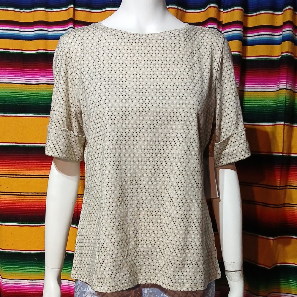 Liz Claiborne Beige Patterned Short Sleeve Top